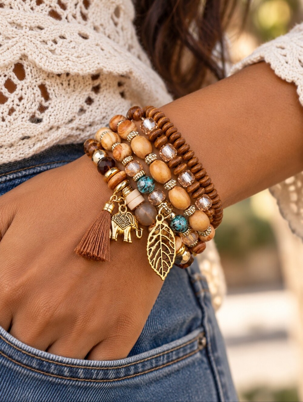 Boho Multilayer Wooden Beaded Stretch Bracelet Set Elephant Leaf Tassel